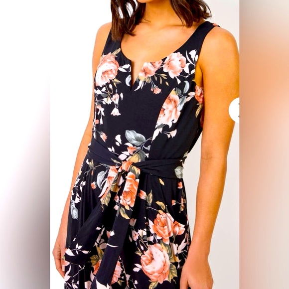 Papillon Navy Floral Jumpsuit With V Boni Neck Cropped Wide Leg Tie Belt Size L - Picture 2 of 16